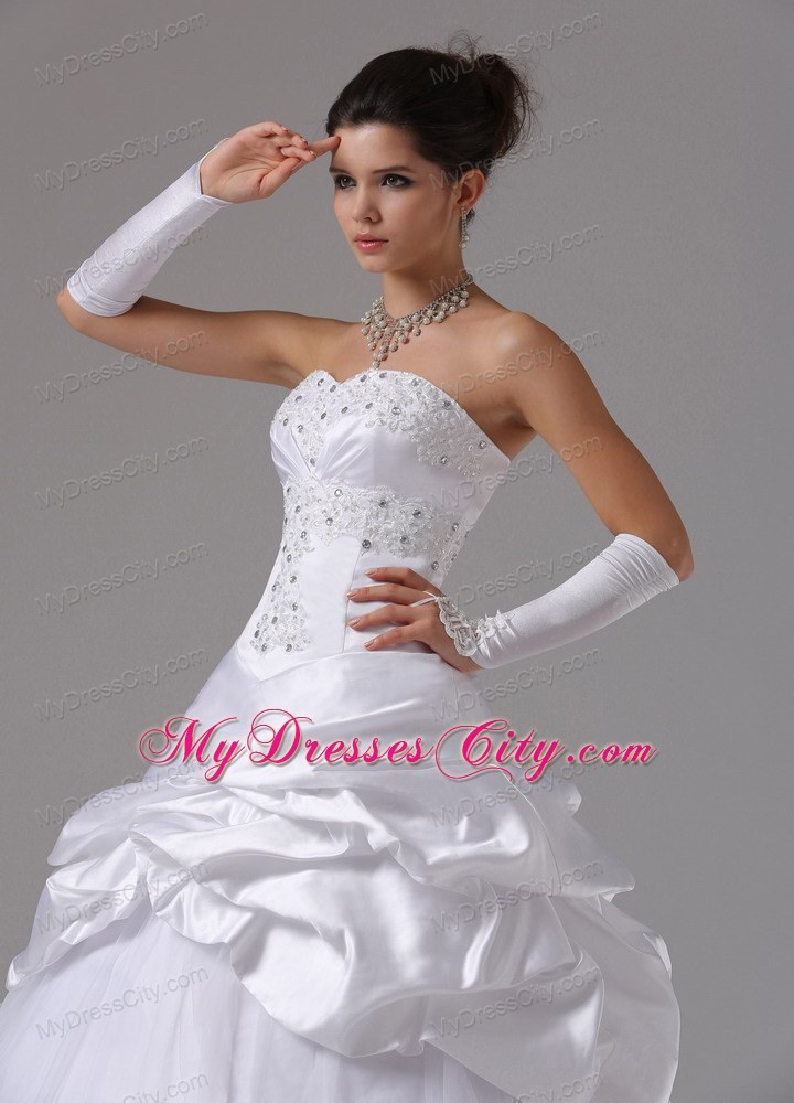 White Ball Gown Rhinestones Wedding Dress with Appliques and Pick-ups