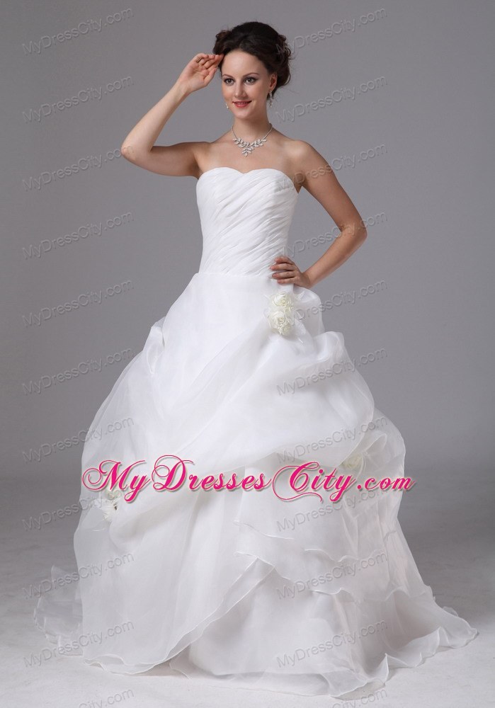 Brush Train Organza Wedding Dress with Pick-ups and Hand Made Flowers