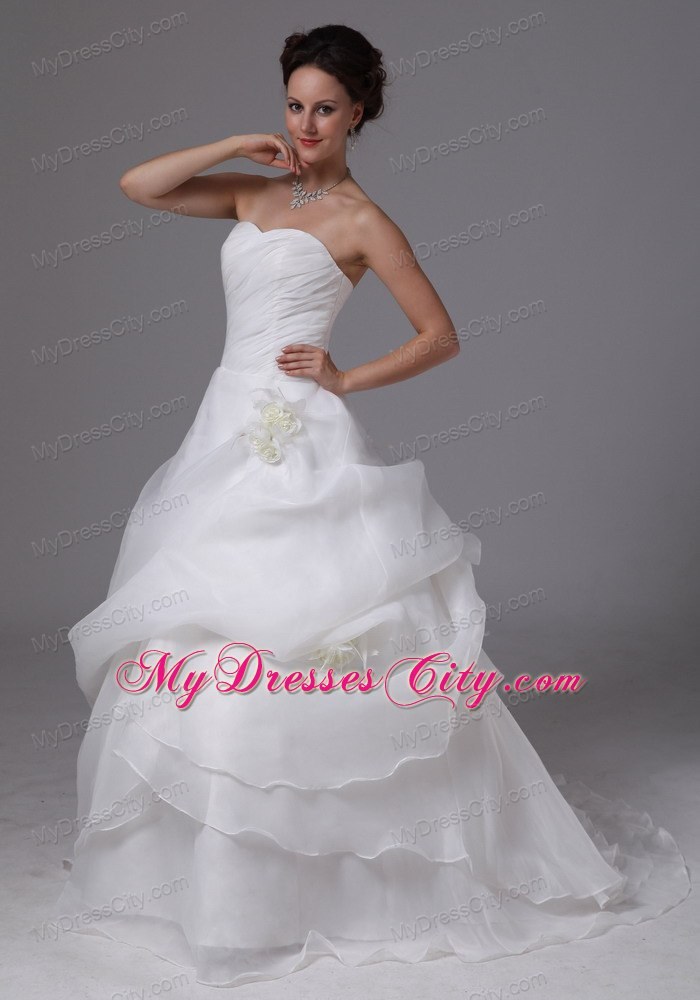 Brush Train Organza Wedding Dress with Pick-ups and Hand Made Flowers