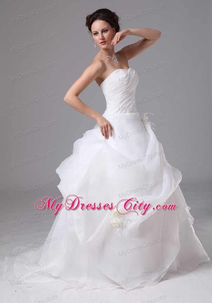 Brush Train Organza Wedding Dress with Pick-ups and Hand Made Flowers