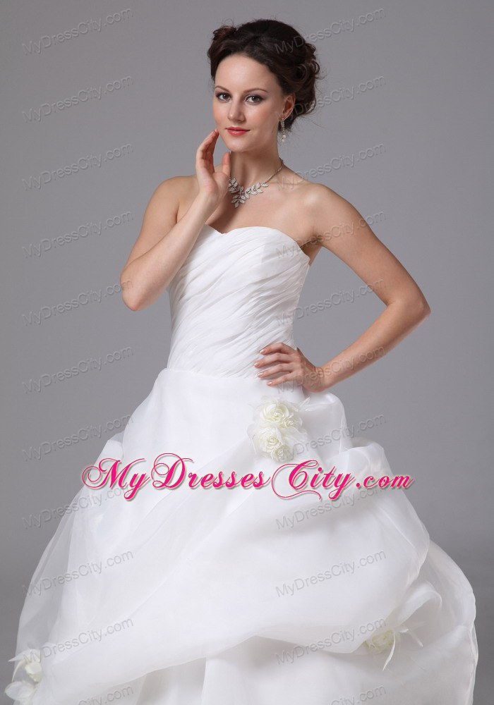 Brush Train Organza Wedding Dress with Pick-ups and Hand Made Flowers