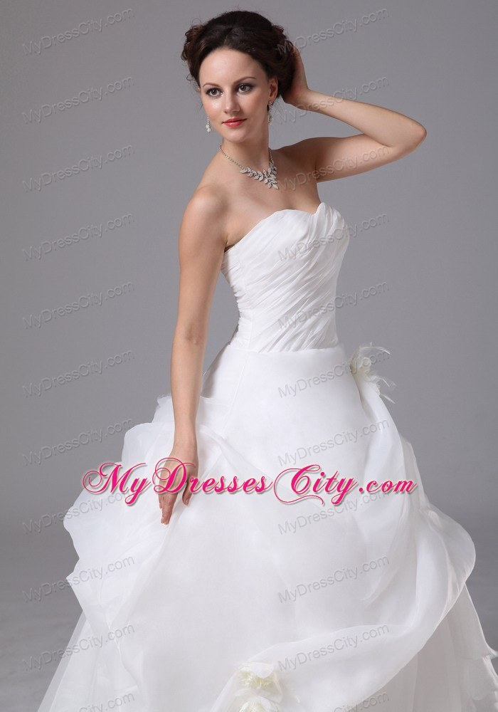 Brush Train Organza Wedding Dress with Pick-ups and Hand Made Flowers