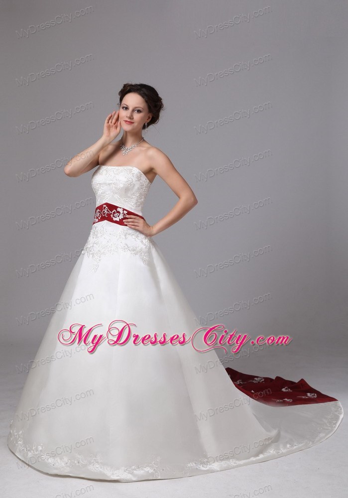 Strapless White Embroidery Chapel Train Wedding Dress with Wine Red Belt