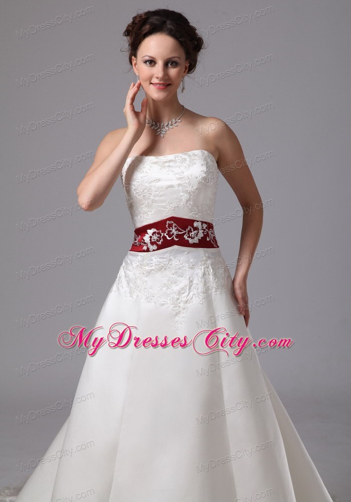 Strapless White Embroidery Chapel Train Wedding Dress with Wine Red Belt