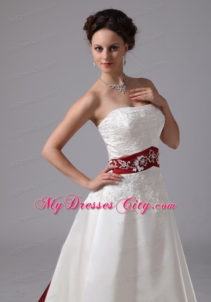 Strapless White Embroidery Chapel Train Wedding Dress with Wine Red Belt