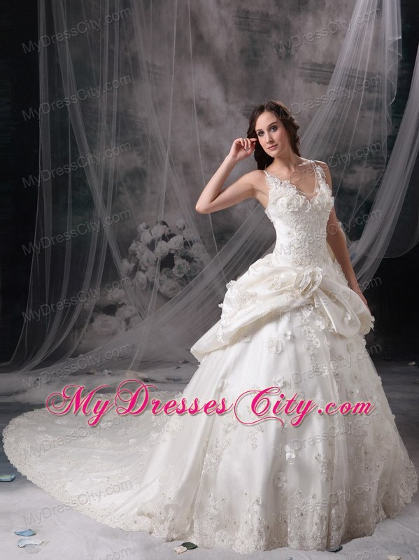 Cathedral Train V-neck Lace Wedding Dress with Flowers and Pick-ups