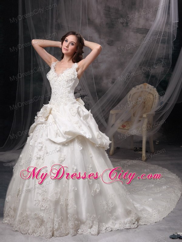 Cathedral Train V-neck Lace Wedding Dress with Flowers and Pick-ups