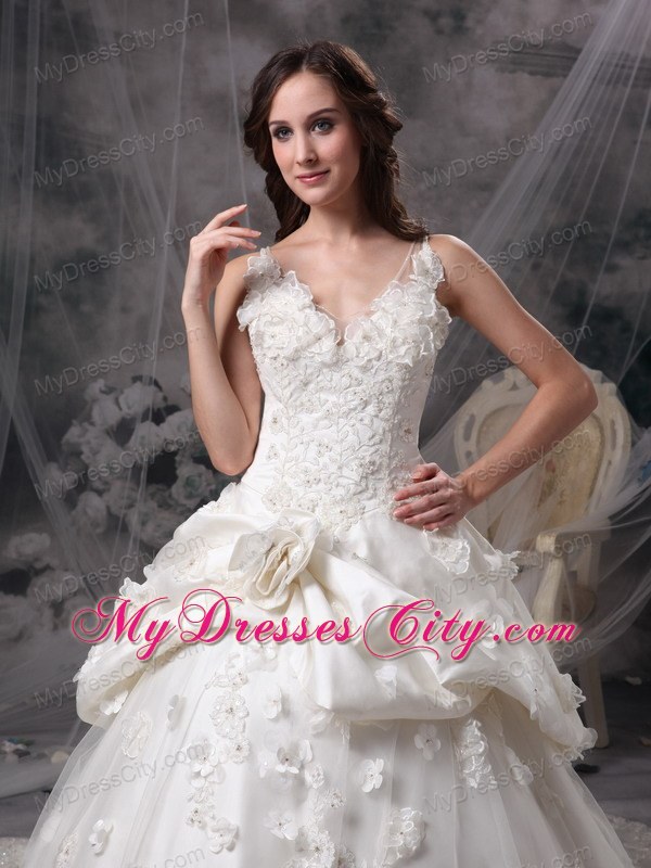 Cathedral Train V-neck Lace Wedding Dress with Flowers and Pick-ups