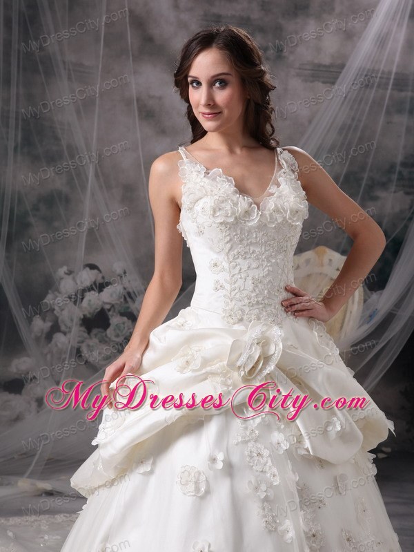 Cathedral Train V-neck Lace Wedding Dress with Flowers and Pick-ups