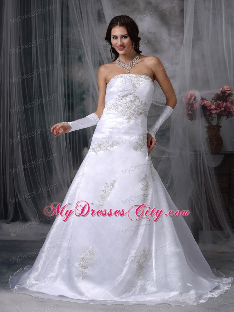 A-line Court Train Organza Appliques Wedding Dresses with Lace Up Back