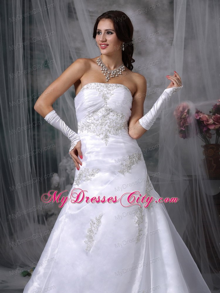 A-line Court Train Organza Appliques Wedding Dresses with Lace Up Back