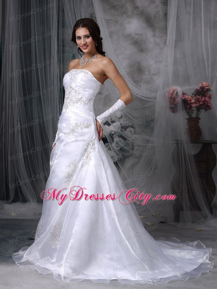 A-line Court Train Organza Appliques Wedding Dresses with Lace Up Back