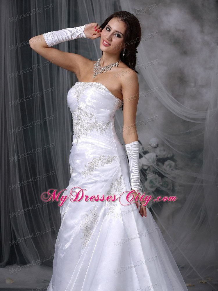 A-line Court Train Organza Appliques Wedding Dresses with Lace Up Back