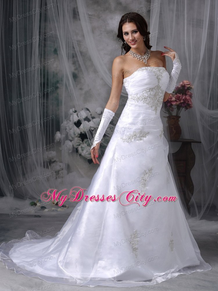 A-line Court Train Organza Appliques Wedding Dresses with Lace Up Back