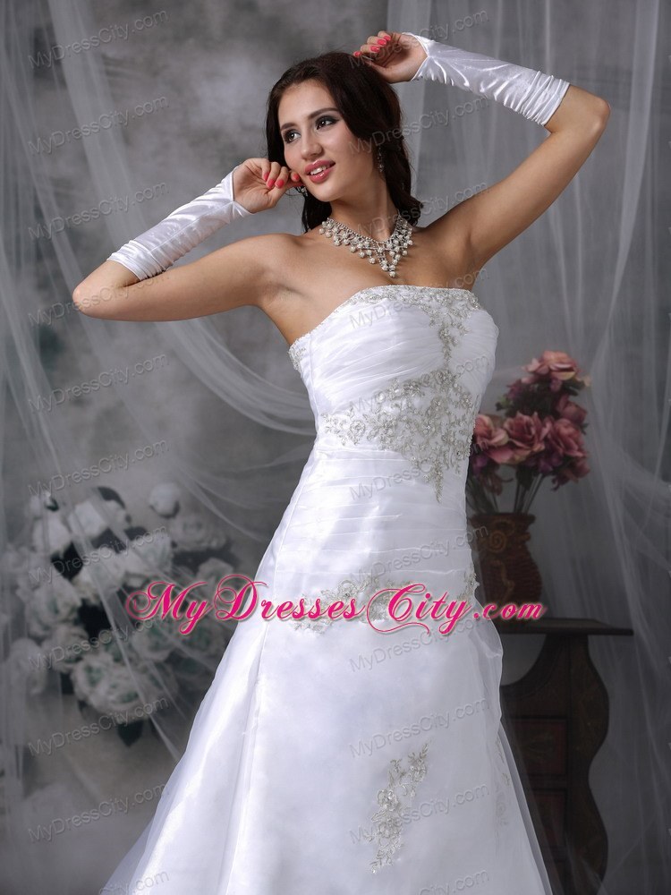 A-line Court Train Organza Appliques Wedding Dresses with Lace Up Back