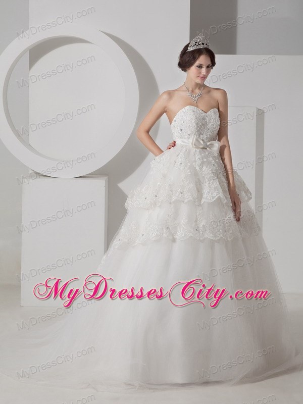 Brush Train Lace Layers Wedding Dress with Beading and Bowknot Belt