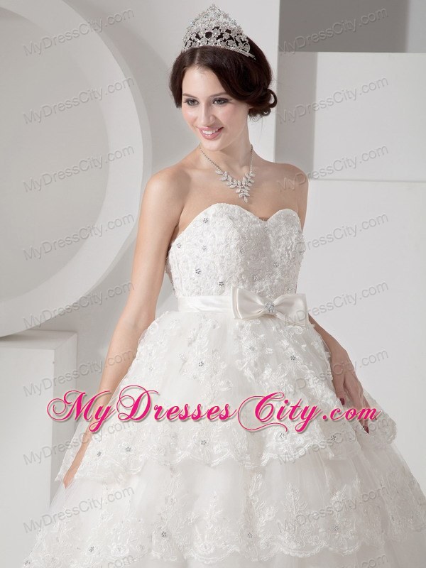 Brush Train Lace Layers Wedding Dress with Beading and Bowknot Belt