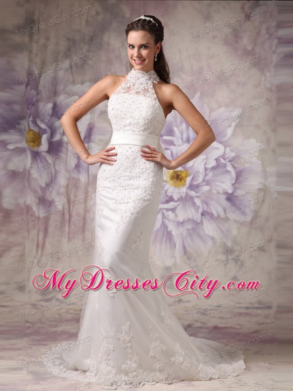 Mermaid Sheer and High Neck Lace Court Train Beading Bridal Dress with Belt