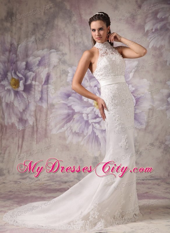 Mermaid Sheer and High Neck Lace Court Train Beading Bridal Dress with Belt