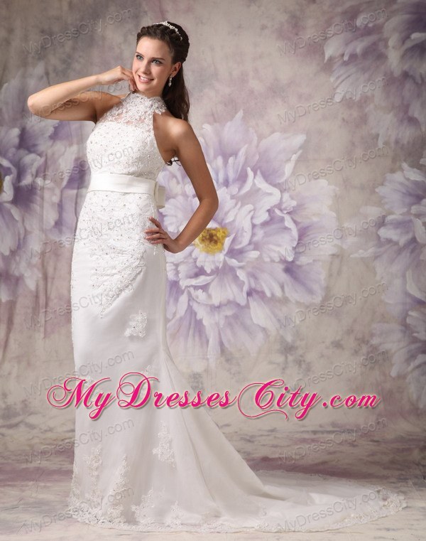 Mermaid Sheer and High Neck Lace Court Train Beading Bridal Dress with Belt