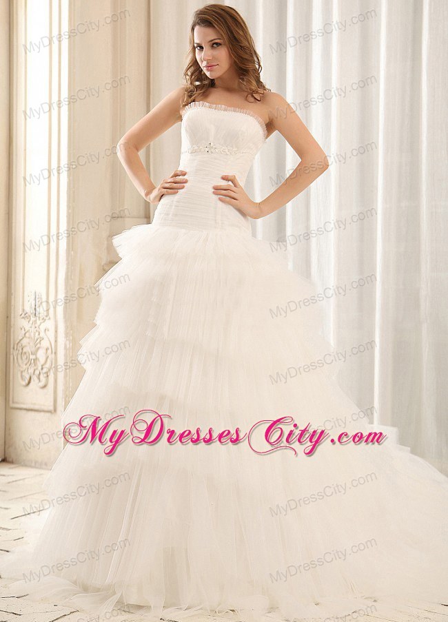 Strapless Ball Gown Appliques Tulle Wedding Dress with Ruffled Layers