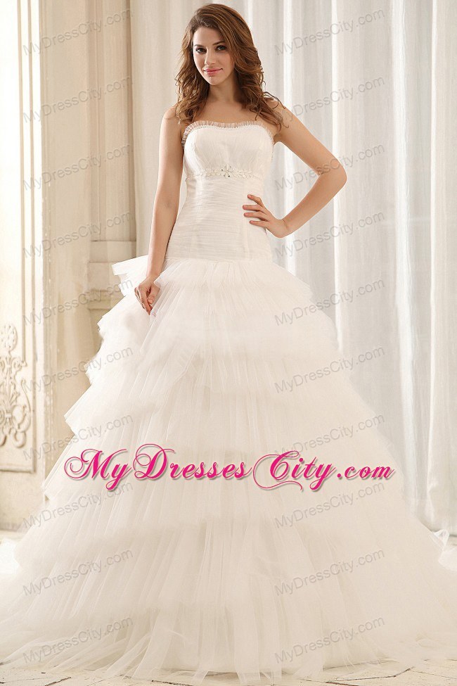 Strapless Ball Gown Appliques Tulle Wedding Dress with Ruffled Layers