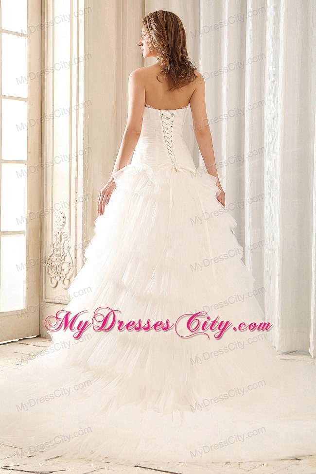 Strapless Ball Gown Appliques Tulle Wedding Dress with Ruffled Layers