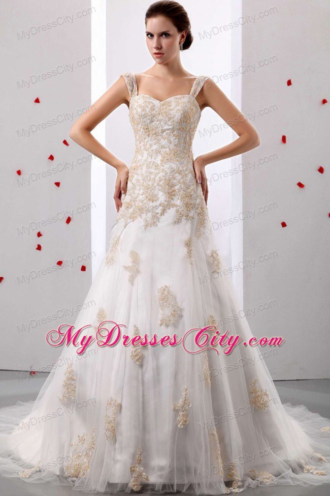 Straps Court Train Appliques and Lace Decorate Wedding Dress 2013