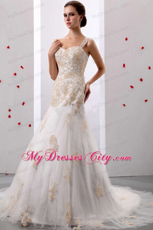 Straps Court Train Appliques and Lace Decorate Wedding Dress 2013