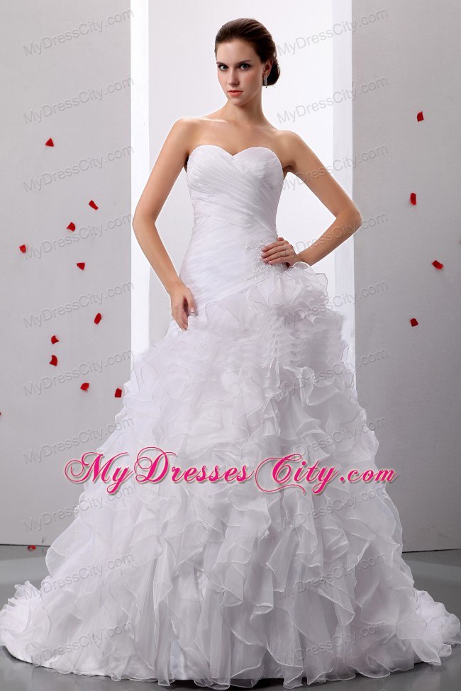 A-line Brush Train Ruching Bodice Wedding Dress With Ruffled Layers