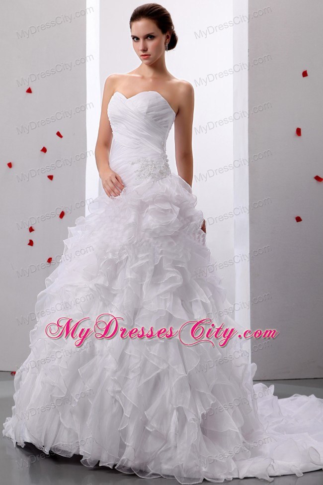 A-line Brush Train Ruching Bodice Wedding Dress With Ruffled Layers