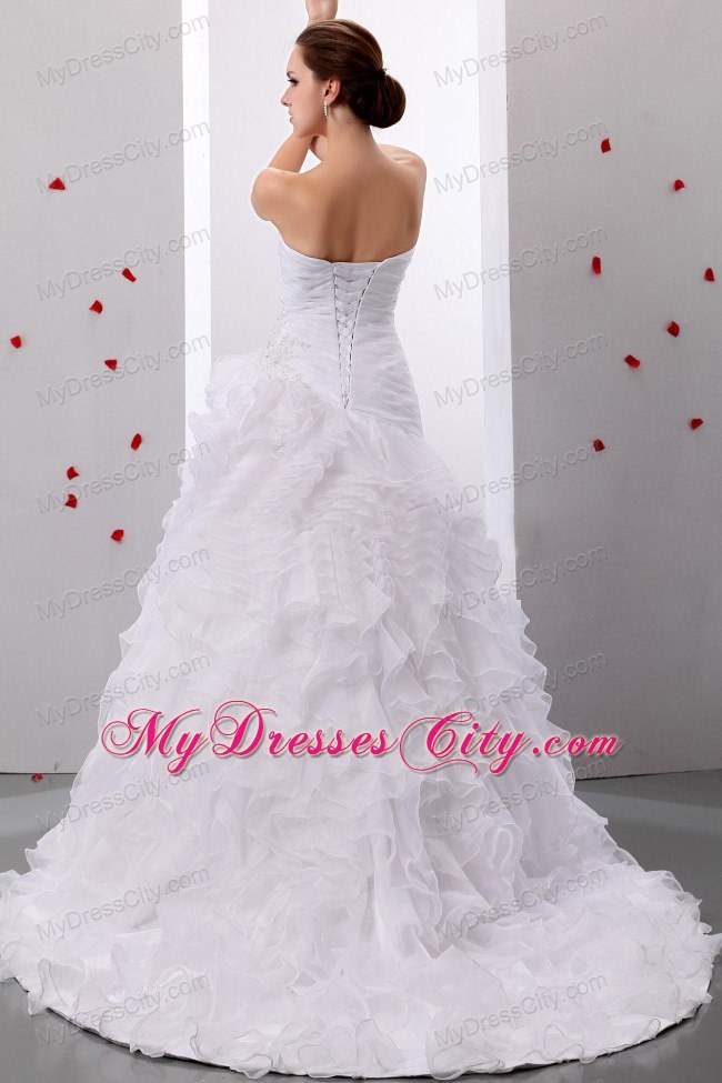 A-line Brush Train Ruching Bodice Wedding Dress With Ruffled Layers