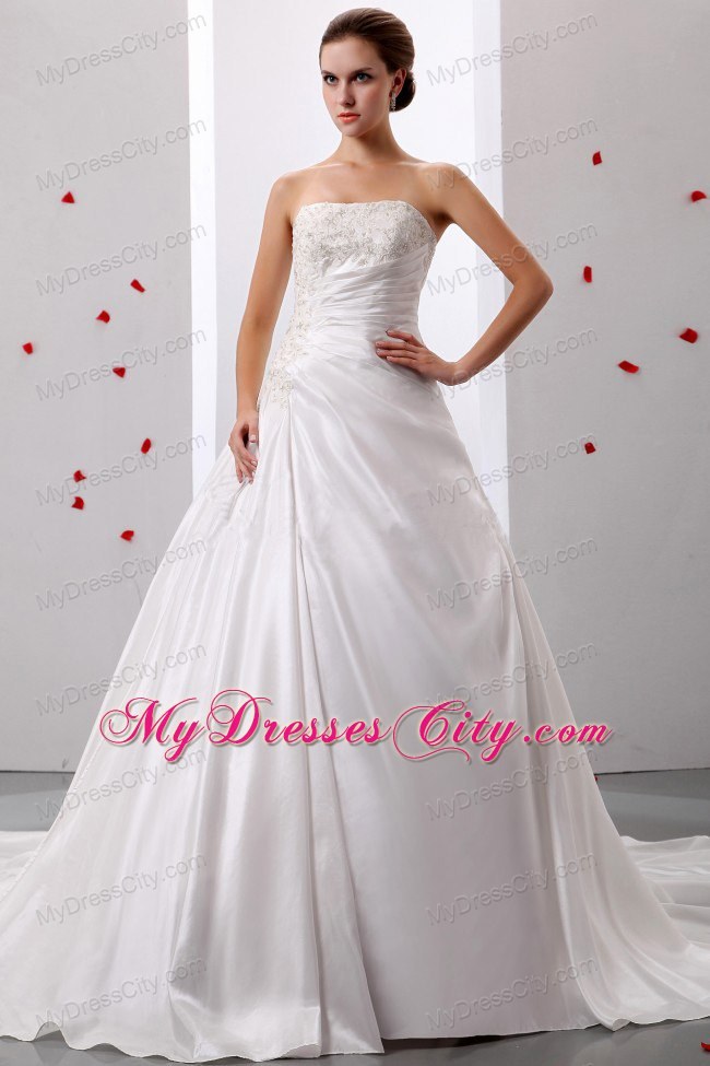 Princess Taffeta Appliques and Ruche Decorate Bridal Dress For Church Wedding