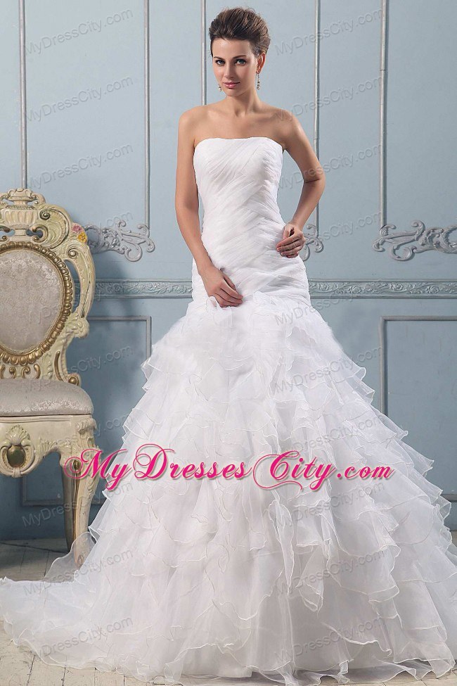 A-line Ruched Bodice Court Train Layered Ruffles Bridal Gown