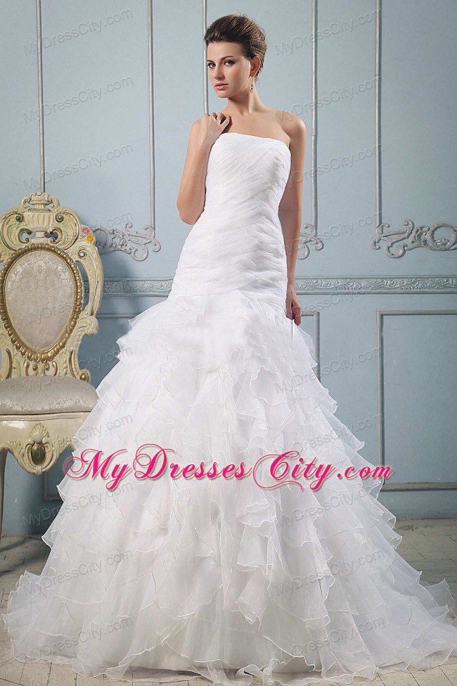 A-line Ruched Bodice Court Train Layered Ruffles Bridal Gown