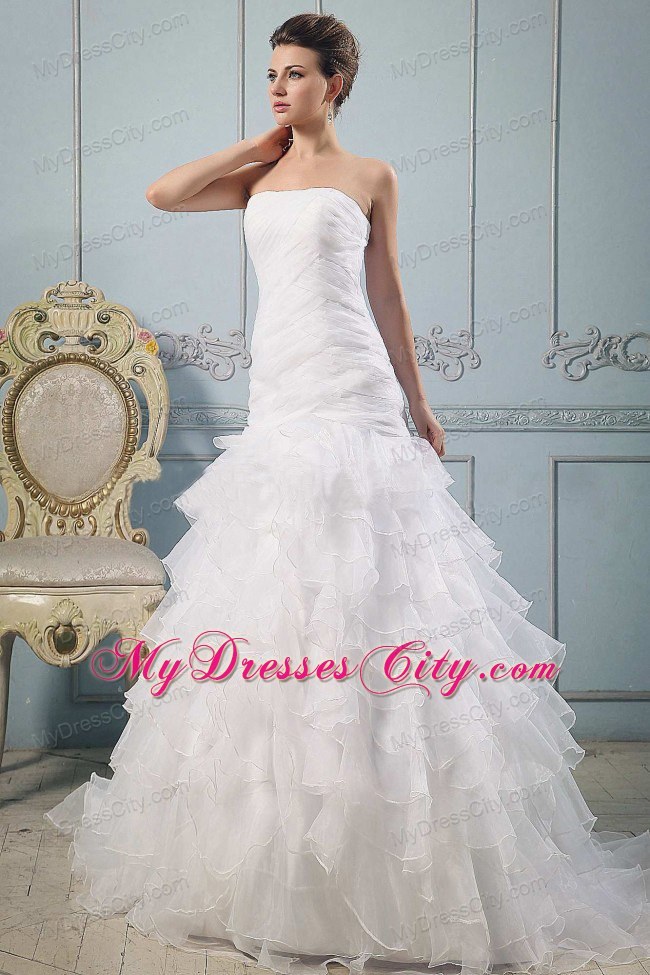 A-line Ruched Bodice Court Train Layered Ruffles Bridal Gown