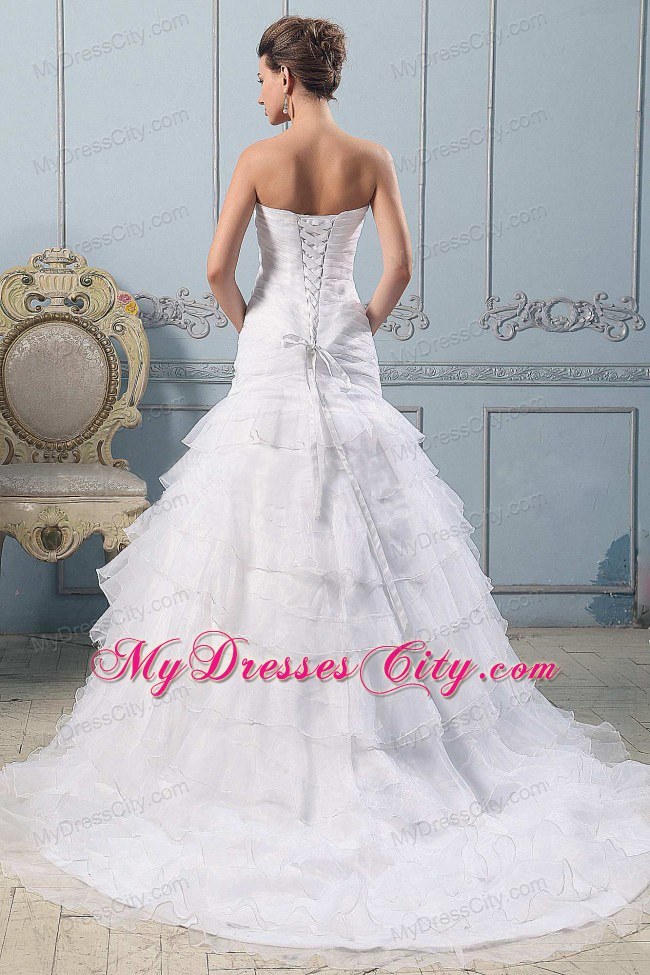 A-line Ruched Bodice Court Train Layered Ruffles Bridal Gown