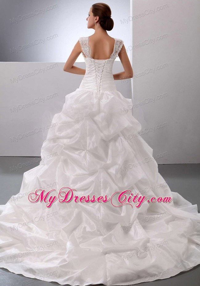 Appliqued Straps Sweetheart Ruched Bridal Dress with Pick-ups