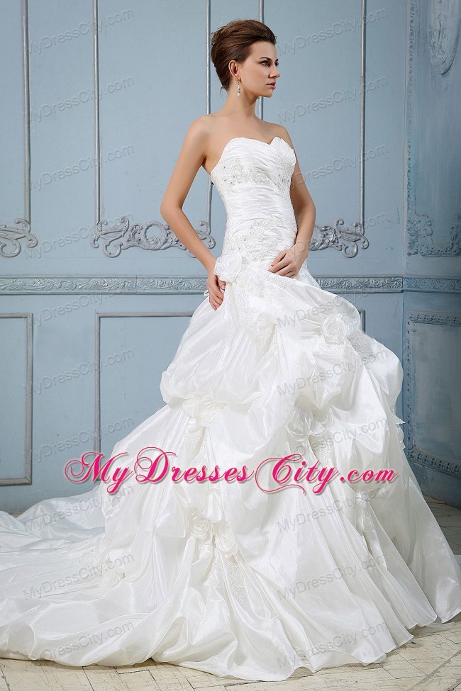 Ruches and Appliques Bodice Flowers and Pick-ups Bridal Dress