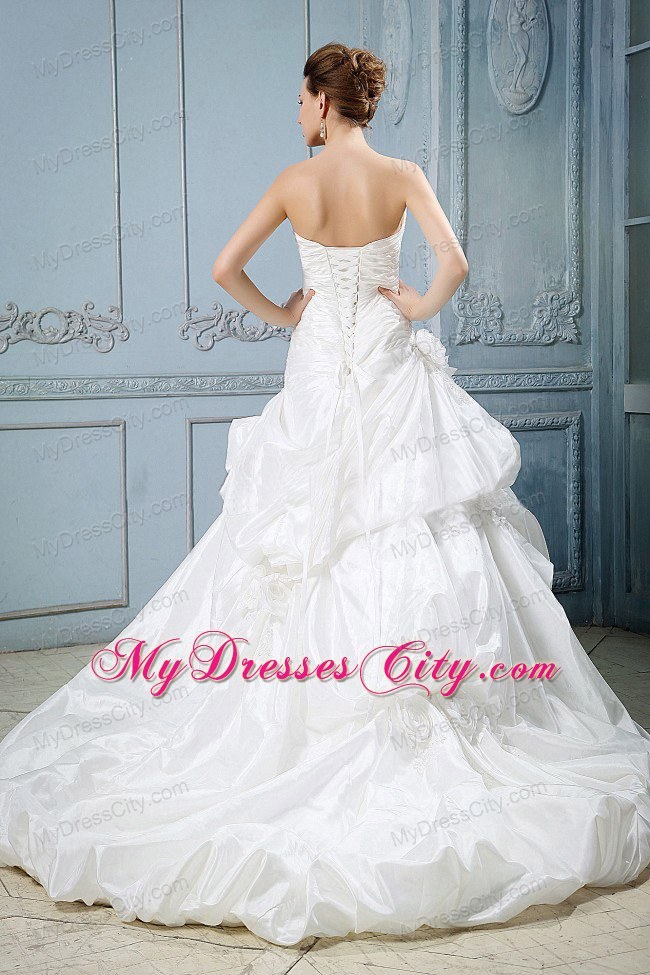 Ruches and Appliques Bodice Flowers and Pick-ups Bridal Dress