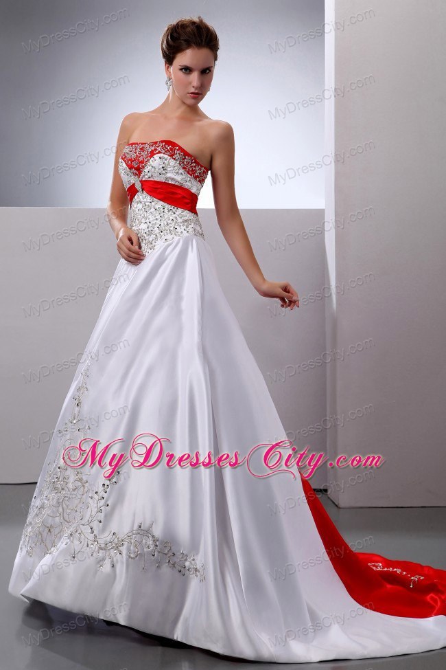 A-line Embroidery Wine Red and White Wedding Gown