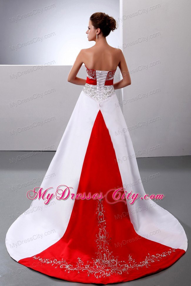 A-line Embroidery Wine Red and White Wedding Gown