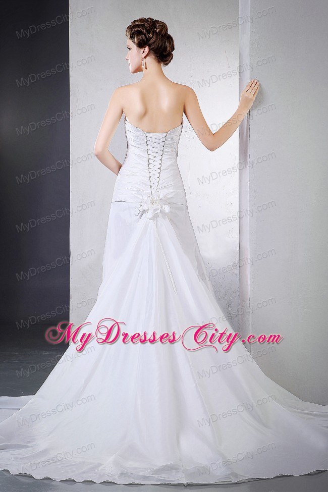 A-line Ruching Chapel Train Hand-made Flower Wedding Gown