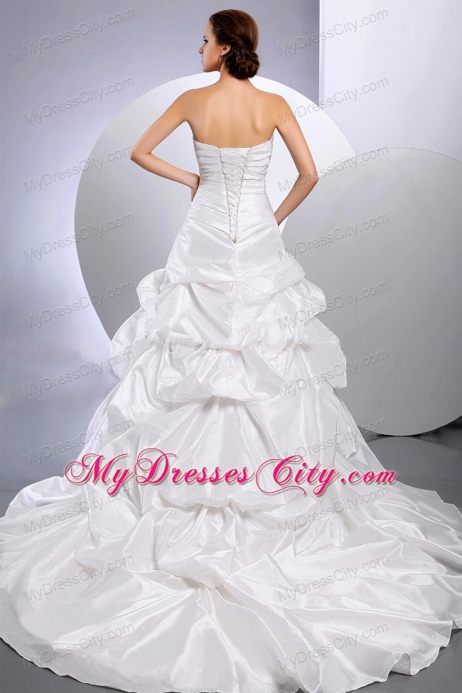 Ruched Sweetheart Chapel Train Wedding Gown with Pick-ups