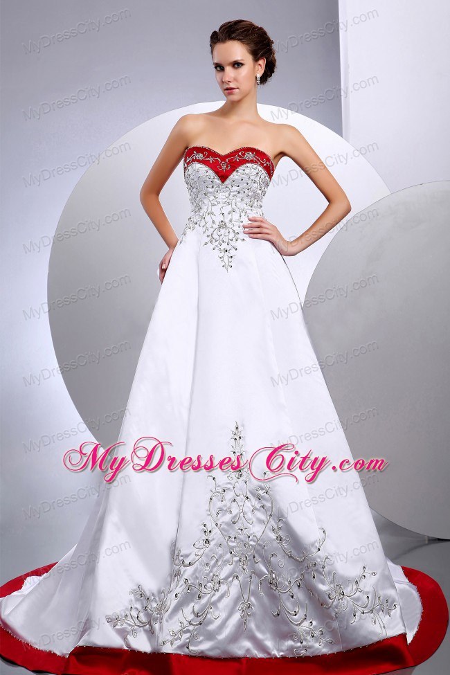 Sweetheart Embroidery Chapel Train Red and White Wedding Gown