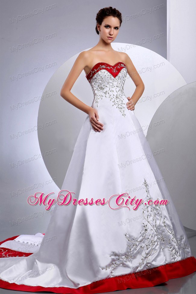 Sweetheart Embroidery Chapel Train Red and White Wedding Gown