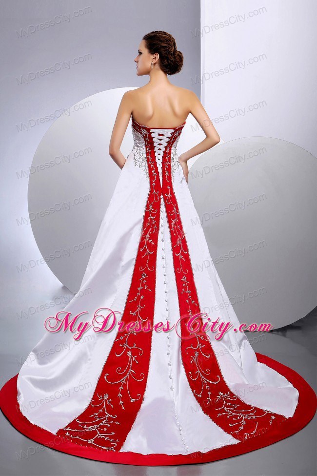 Sweetheart Embroidery Chapel Train Red and White Wedding Gown