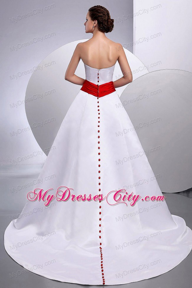 Beaded Court Train Clasp Handle Wedding Gown with Red Belt