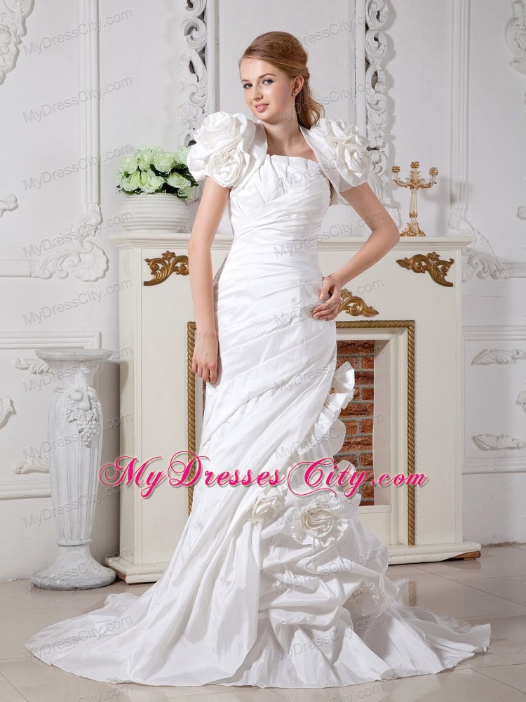 Column Ruched Court Train Wedding Dress with Flowery Jacket