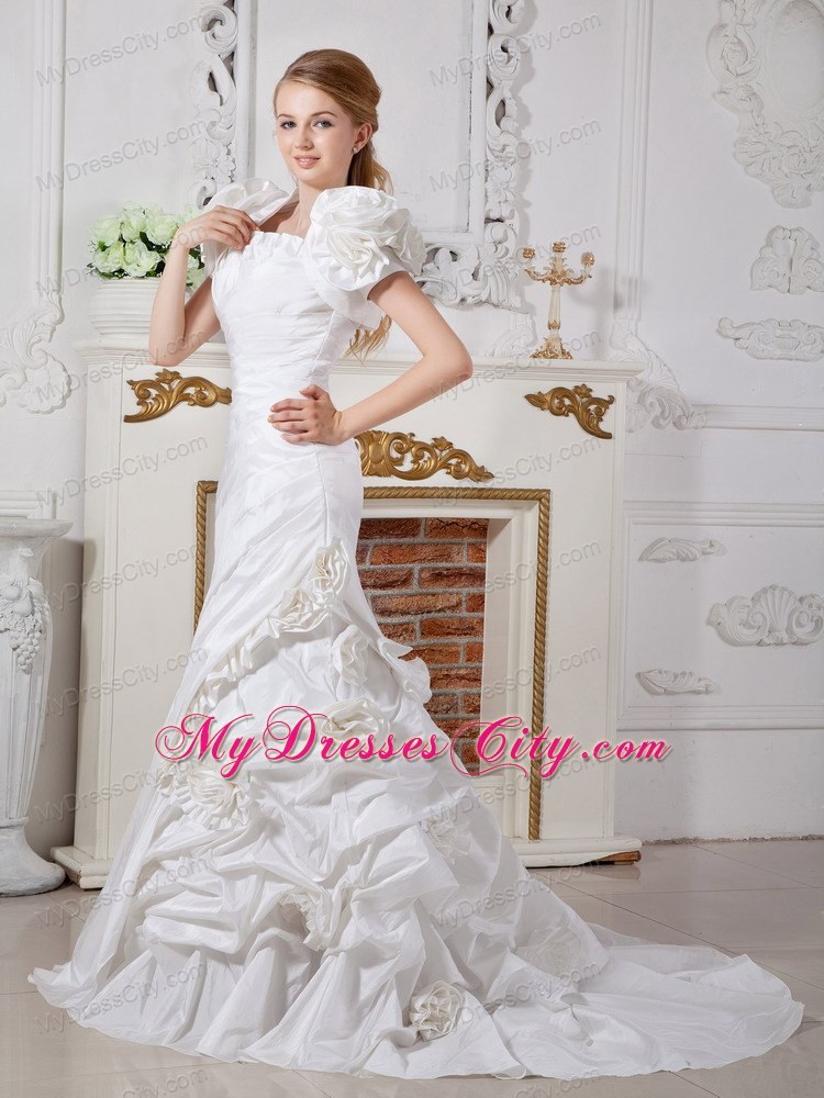 Column Ruched Court Train Wedding Dress with Flowery Jacket